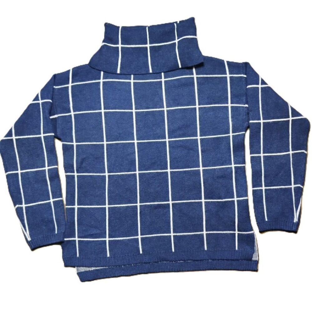 Kirundo Blue White Windowpane Turtleneck Sweater Women's Medium NWT Knit Top